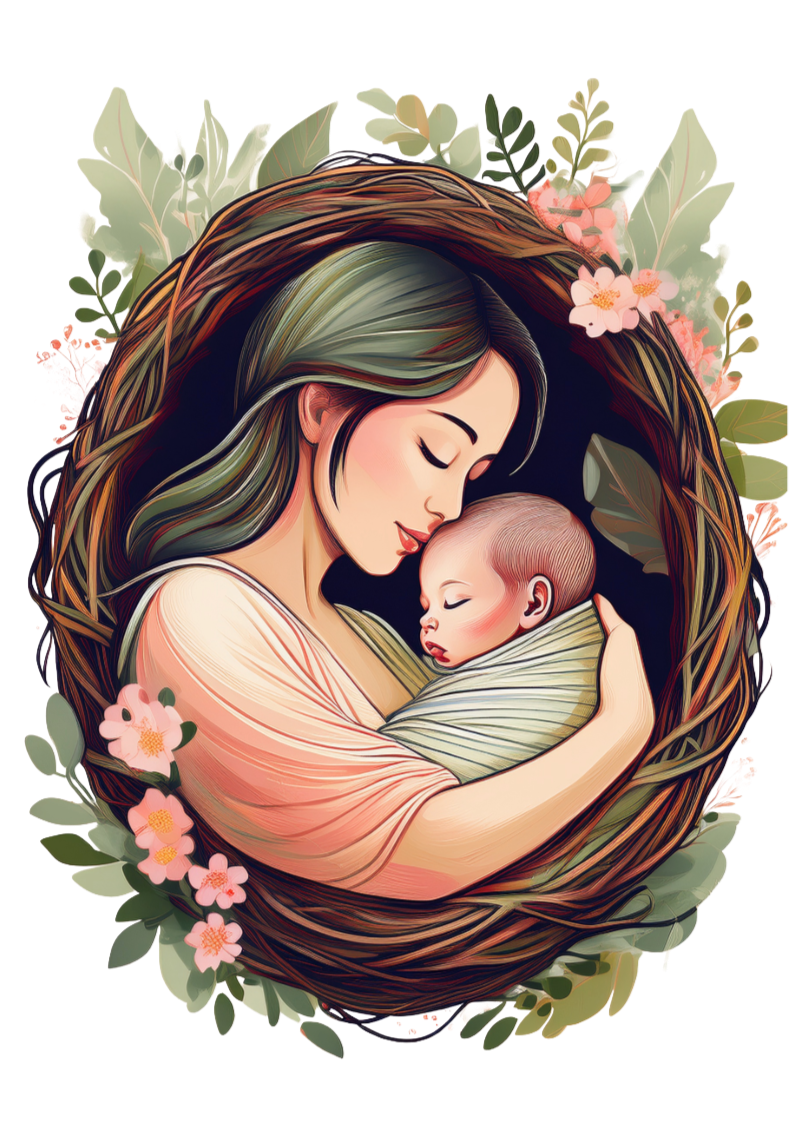 Illustration of a mother cradling a newborn inside a floral nest San Francisco postpartum doula and Newborn Care Specialist (NCS)